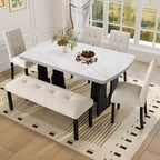 Ensemble de table à manger effet marbre pour 6 personnes, table à manger rectangulaire 6 pièces avec 4 chaises rembourrées et 1 banc pour salle à manger