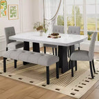 Ensemble de table à manger effet marbre pour 6 personnes, table à manger rectangulaire 6 pièces avec 4 chaises rembourrées et 1 banc pour salle à manger