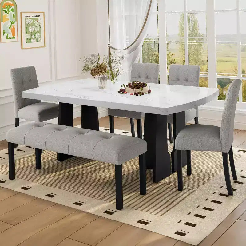 Ensemble de table à manger effet marbre pour 6 personnes, table à manger rectangulaire 6 pièces avec 4 chaises rembourrées et 1 banc pour salle à manger