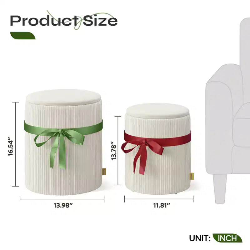 Pinmoco Pouf Rond avec Rangement Lot de 2, Pouf Table Basse, Tabouret de Coiffeuse en Velours Côtelé pour Chambre, Repose-Pieds pour Salon