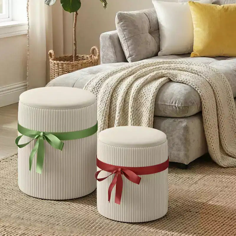Pinmoco Pouf Rond avec Rangement Lot de 2, Pouf Table Basse, Tabouret de Coiffeuse en Velours Côtelé pour Chambre, Repose-Pieds pour Salon