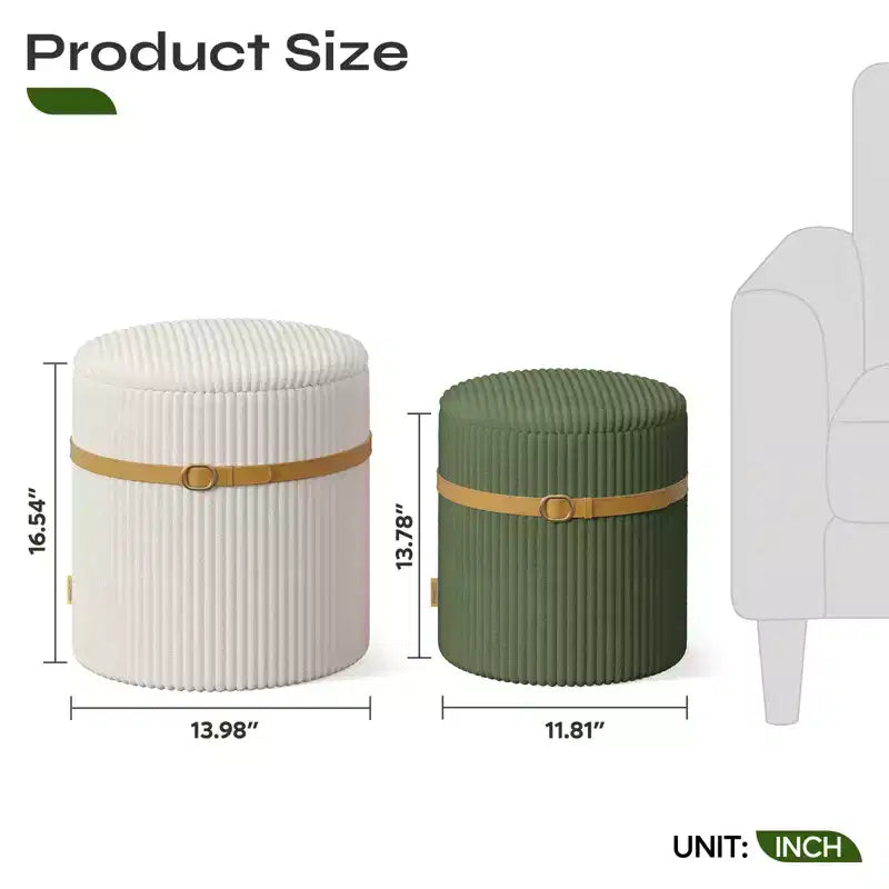 Pinmoco Pouf Rond avec Rangement Lot de 2, Pouf Table Basse, Tabouret de Coiffeuse en Velours Côtelé pour Chambre, Repose-Pieds pour Salon