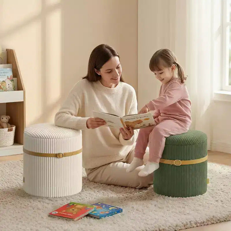 Pinmoco Pouf Rond avec Rangement Lot de 2, Pouf Table Basse, Tabouret de Coiffeuse en Velours Côtelé pour Chambre, Repose-Pieds pour Salon