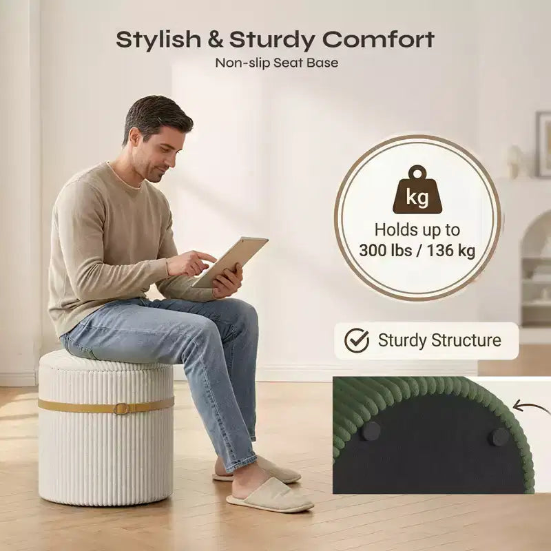 Pinmoco Pouf Rond avec Rangement Lot de 2, Pouf Table Basse, Tabouret de Coiffeuse en Velours Côtelé pour Chambre, Repose-Pieds pour Salon