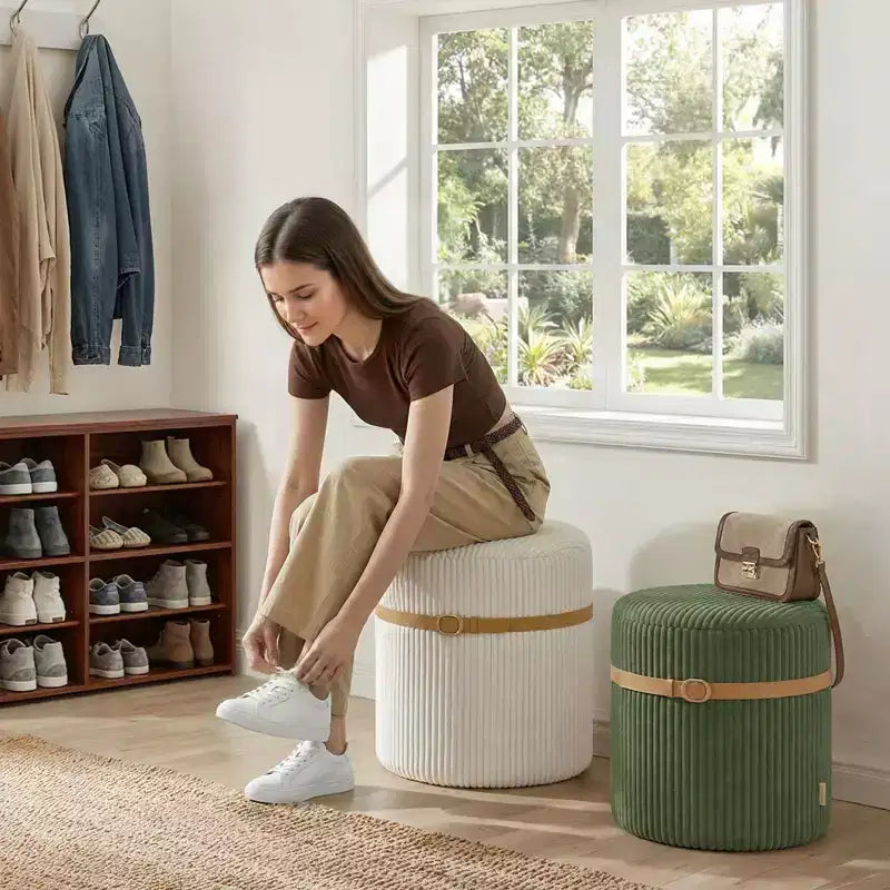 Pinmoco Pouf Rond avec Rangement Lot de 2, Pouf Table Basse, Tabouret de Coiffeuse en Velours Côtelé pour Chambre, Repose-Pieds pour Salon