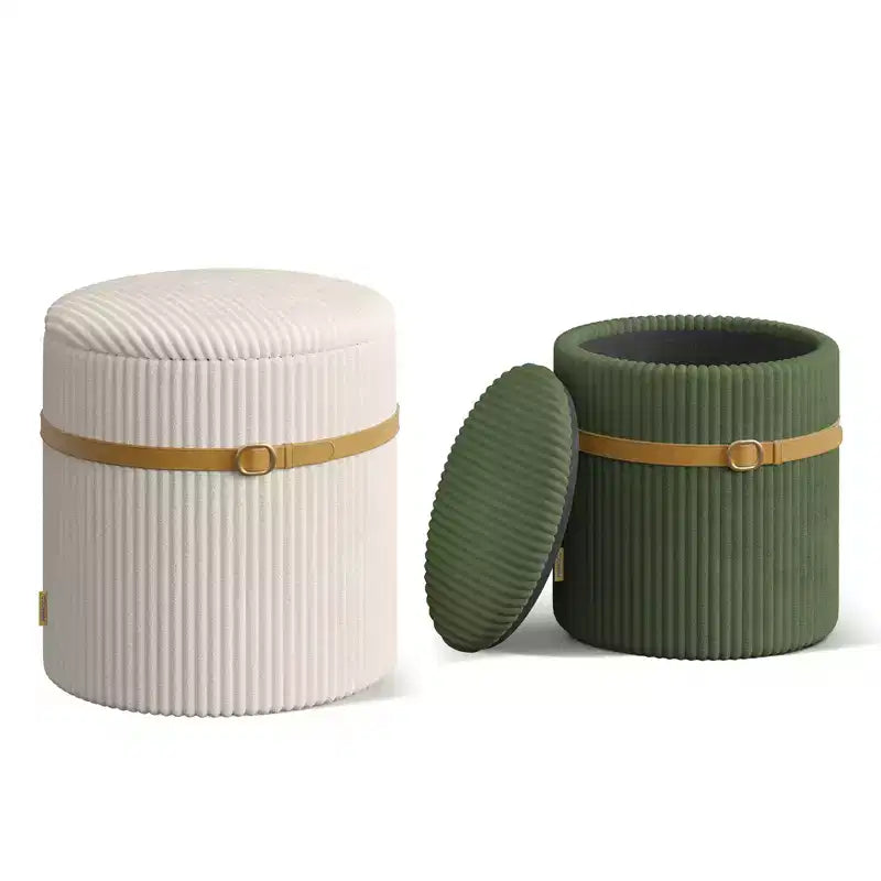 Pinmoco Pouf Rond avec Rangement Lot de 2, Pouf Table Basse, Tabouret de Coiffeuse en Velours Côtelé pour Chambre, Repose-Pieds pour Salon