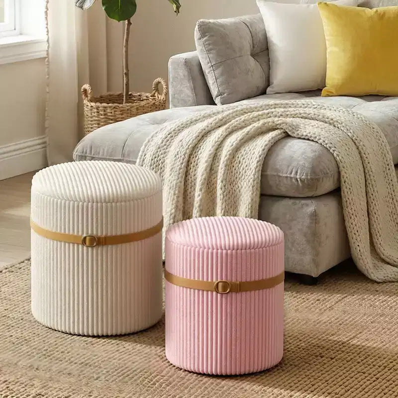 Pinmoco Pouf Rond avec Rangement Lot de 2, Pouf Table Basse, Tabouret de Coiffeuse en Velours Côtelé pour Chambre, Repose-Pieds pour Salon