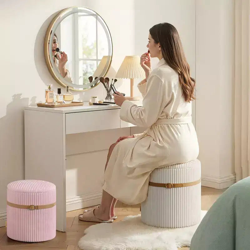 Pinmoco Pouf Rond avec Rangement Lot de 2, Pouf Table Basse, Tabouret de Coiffeuse en Velours Côtelé pour Chambre, Repose-Pieds pour Salon