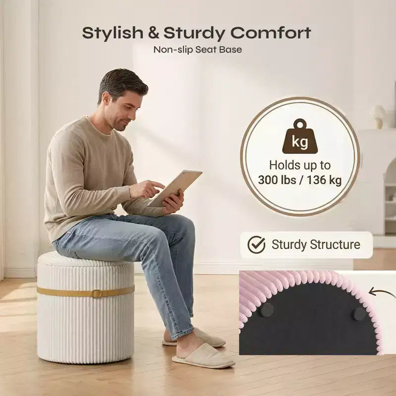 Pinmoco Pouf Rond avec Rangement Lot de 2, Pouf Table Basse, Tabouret de Coiffeuse en Velours Côtelé pour Chambre, Repose-Pieds pour Salon