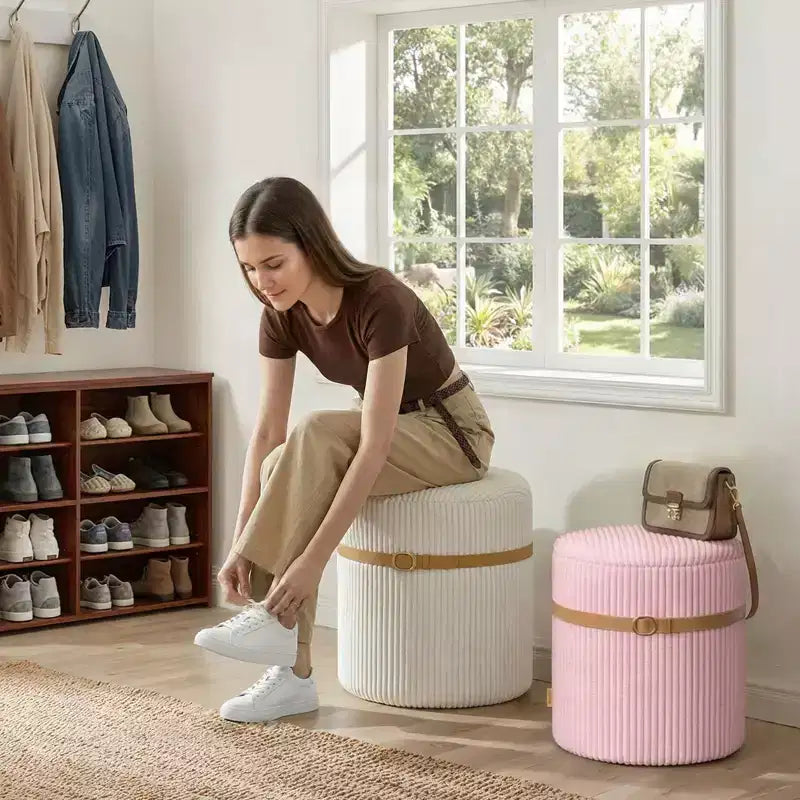 Pinmoco Pouf Rond avec Rangement Lot de 2, Pouf Table Basse, Tabouret de Coiffeuse en Velours Côtelé pour Chambre, Repose-Pieds pour Salon
