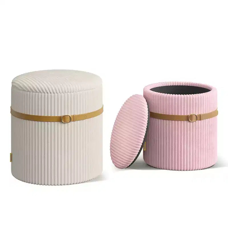 Pinmoco Pouf Rond avec Rangement Lot de 2, Pouf Table Basse, Tabouret de Coiffeuse en Velours Côtelé pour Chambre, Repose-Pieds pour Salon