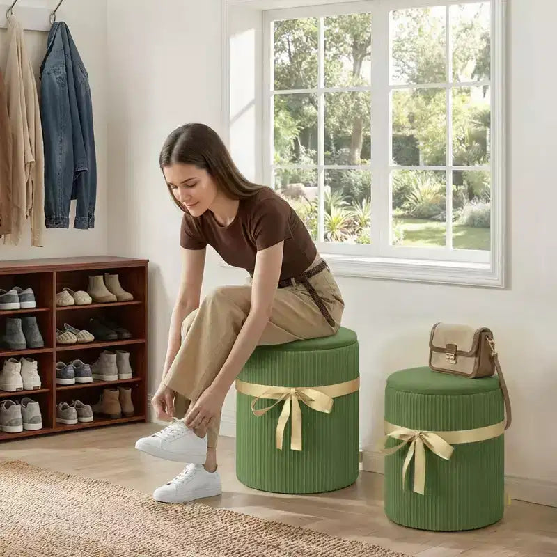 Pinmoco Pouf Rond avec Rangement Lot de 2, Pouf Table Basse, Tabouret de Coiffeuse en Velours Côtelé pour Chambre, Repose-Pieds pour Salon