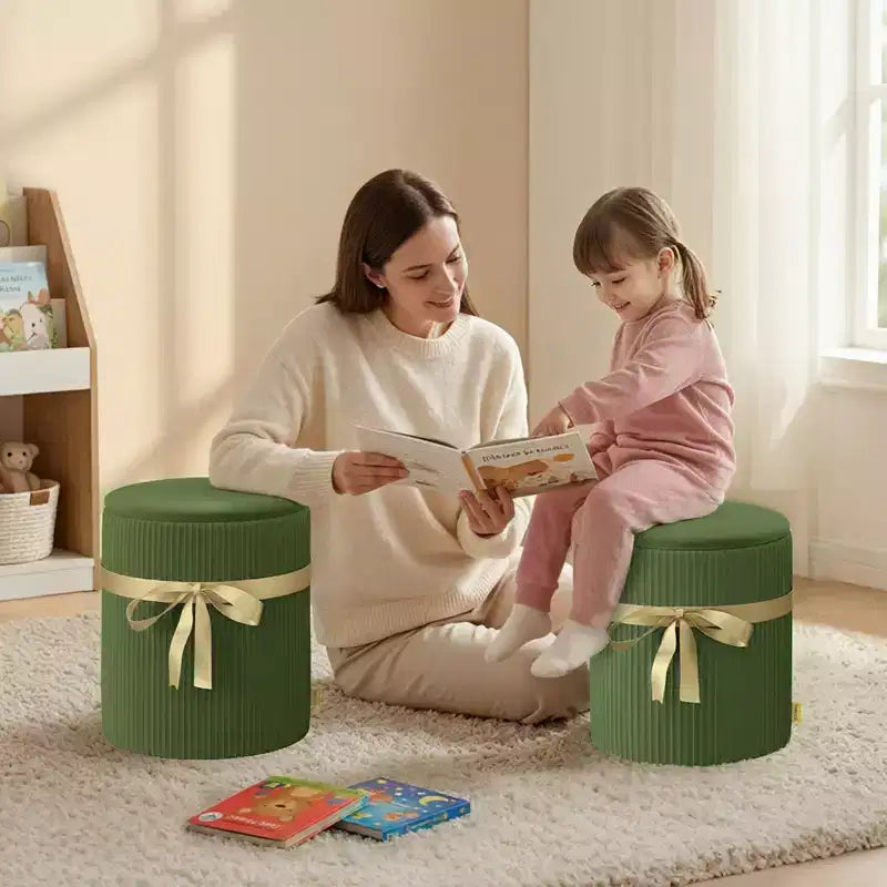 Pinmoco Pouf Rond avec Rangement Lot de 2, Pouf Table Basse, Tabouret de Coiffeuse en Velours Côtelé pour Chambre, Repose-Pieds pour Salon