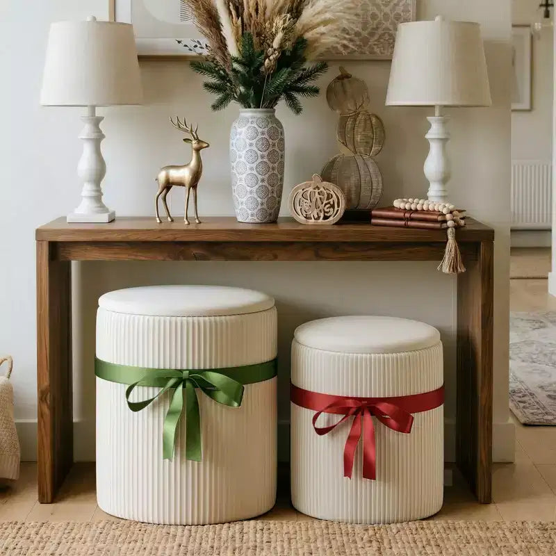 Pinmoco Pouf Rond avec Rangement Lot de 2, Pouf Table Basse, Tabouret de Coiffeuse en Velours Côtelé pour Chambre, Repose-Pieds pour Salon