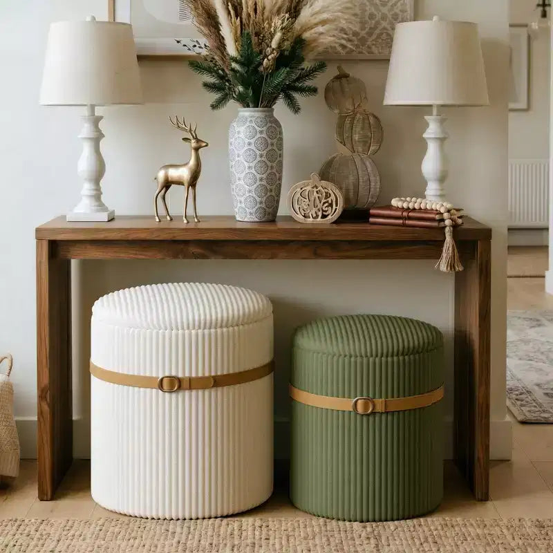 Pinmoco Pouf Rond avec Rangement Lot de 2, Pouf Table Basse, Tabouret de Coiffeuse en Velours Côtelé pour Chambre, Repose-Pieds pour Salon