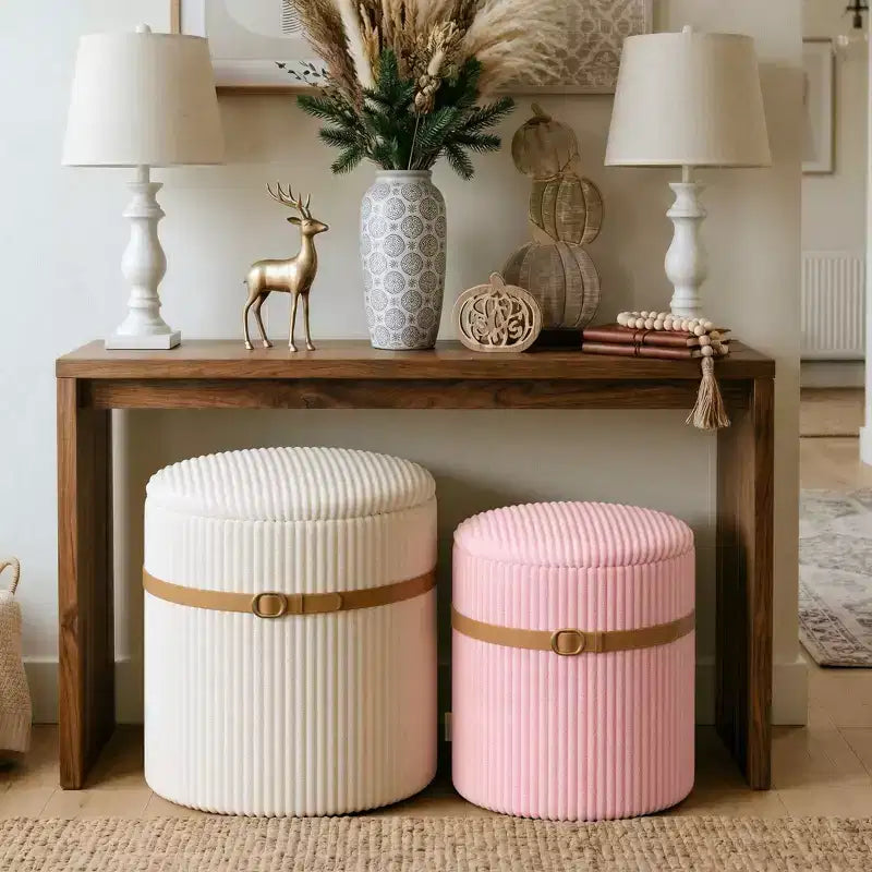 Pinmoco Pouf Rond avec Rangement Lot de 2, Pouf Table Basse, Tabouret de Coiffeuse en Velours Côtelé pour Chambre, Repose-Pieds pour Salon
