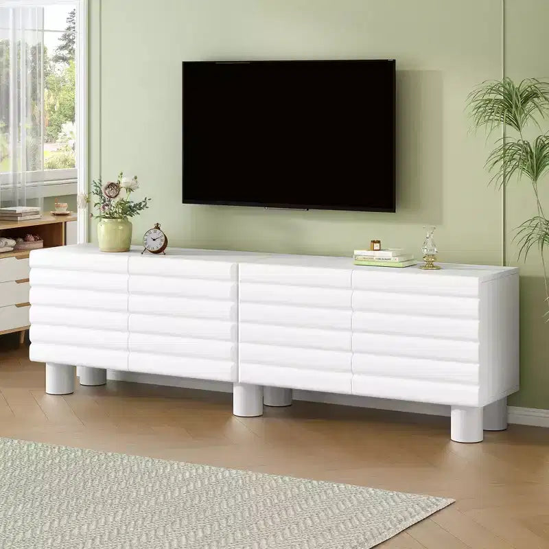 JVNOXK Meuble TV style vague de 70 pouces avec étagères réglables et 4 armoires, compatible avec les téléviseurs jusqu'à 75 pouces ; Idéal pour les salons, Blanc
