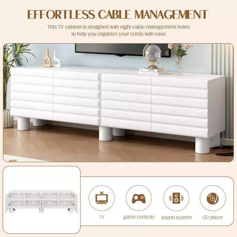 JVNOXK Meuble TV style vague de 70 pouces avec étagères réglables et 4 armoires, compatible avec les téléviseurs jusqu'à 75 pouces ; Idéal pour les salons, Blanc