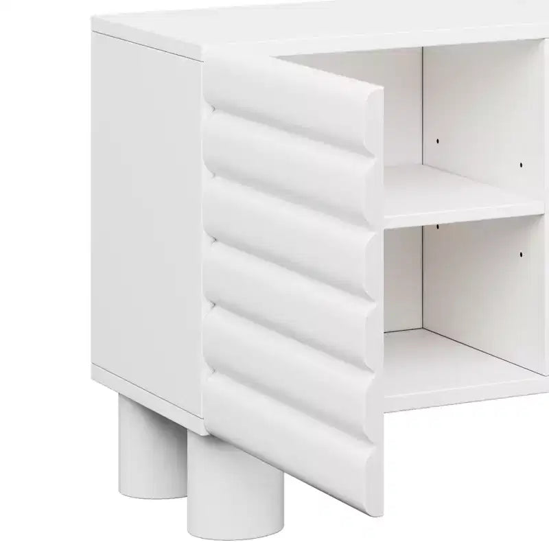 JVNOXK Meuble TV style vague de 70 pouces avec étagères réglables et 4 armoires, compatible avec les téléviseurs jusqu'à 75 pouces ; Idéal pour les salons, Blanc