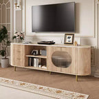 JVNOXK Meuble TV encastré moderne de 65 pouces avec plateau aspect marbre et accents dorés, convient aux salons, Chêne naturel
