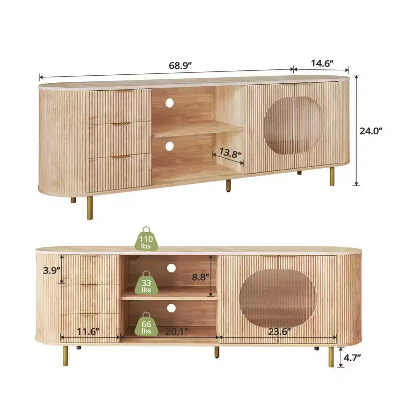 JVNOXK Meuble TV encastré moderne de 65 pouces avec plateau aspect marbre et accents dorés, convient aux salons, Chêne naturel