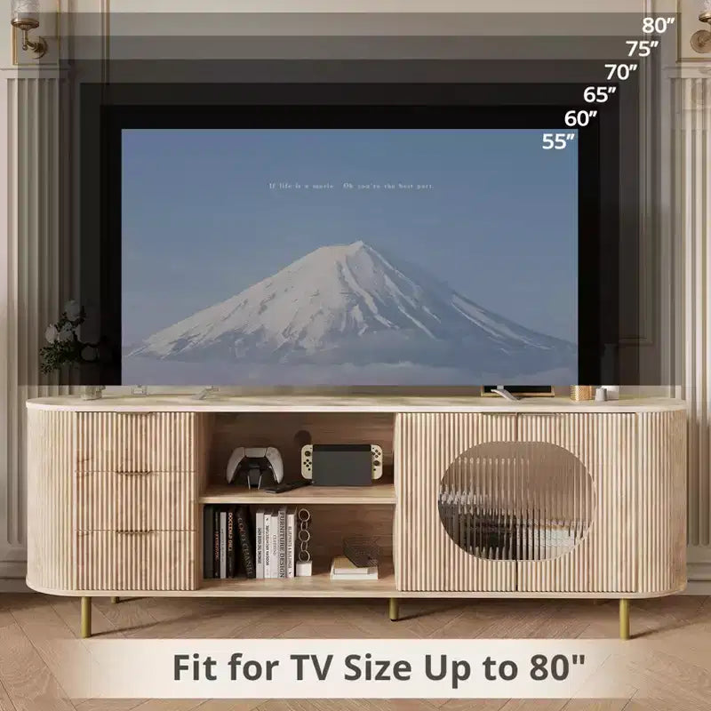 JVNOXK Meuble TV encastré moderne de 65 pouces avec plateau aspect marbre et accents dorés, convient aux salons, Chêne naturel
