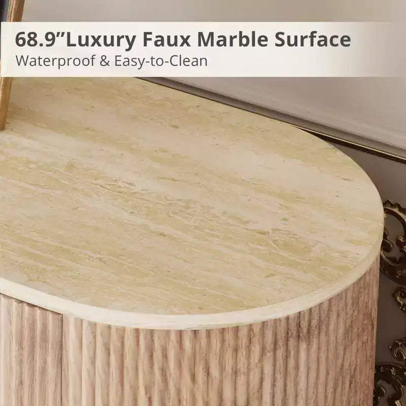 JVNOXK Meuble TV encastré moderne de 65 pouces avec plateau aspect marbre et accents dorés, convient aux salons, Chêne naturel