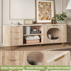 JVNOXK Meuble TV encastré moderne de 65 pouces avec plateau aspect marbre et accents dorés, convient aux salons, Chêne naturel