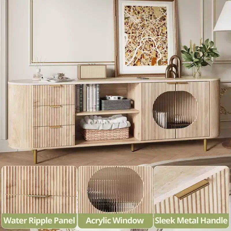 JVNOXK Meuble TV encastré moderne de 65 pouces avec plateau aspect marbre et accents dorés, convient aux salons, Chêne naturel