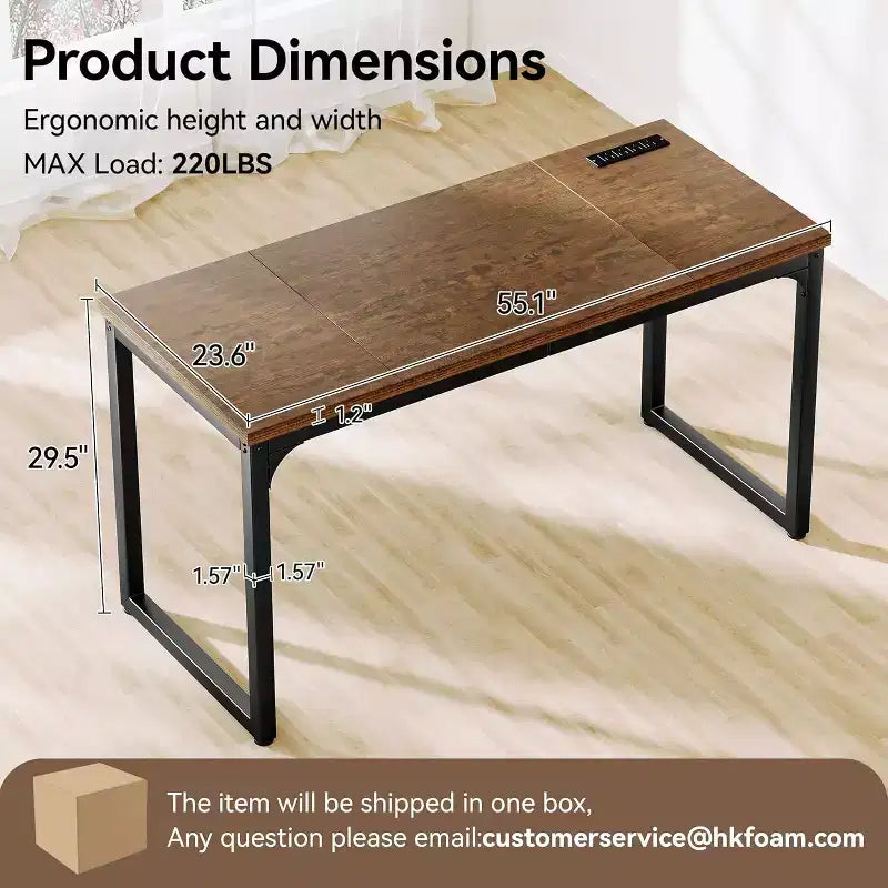 Dyonery Bureau informatique, plateau de 3 cm d'épaisseur, cadre métallique robuste, grand bureau pour la maison et les jeux, marron rustique