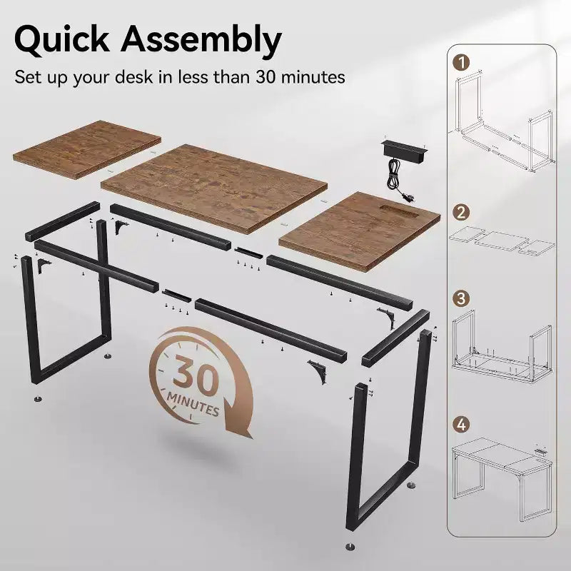 Dyonery Bureau informatique, plateau de 3 cm d'épaisseur, cadre métallique robuste, grand bureau pour la maison et les jeux, marron rustique