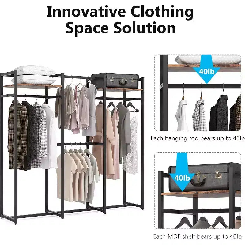 Portant à vêtements Lantine robuste avec étagères et tringle de suspension, organisateur de placard autoportant pour couloir, chambre, noir foncé, charge maximale 227 kg
