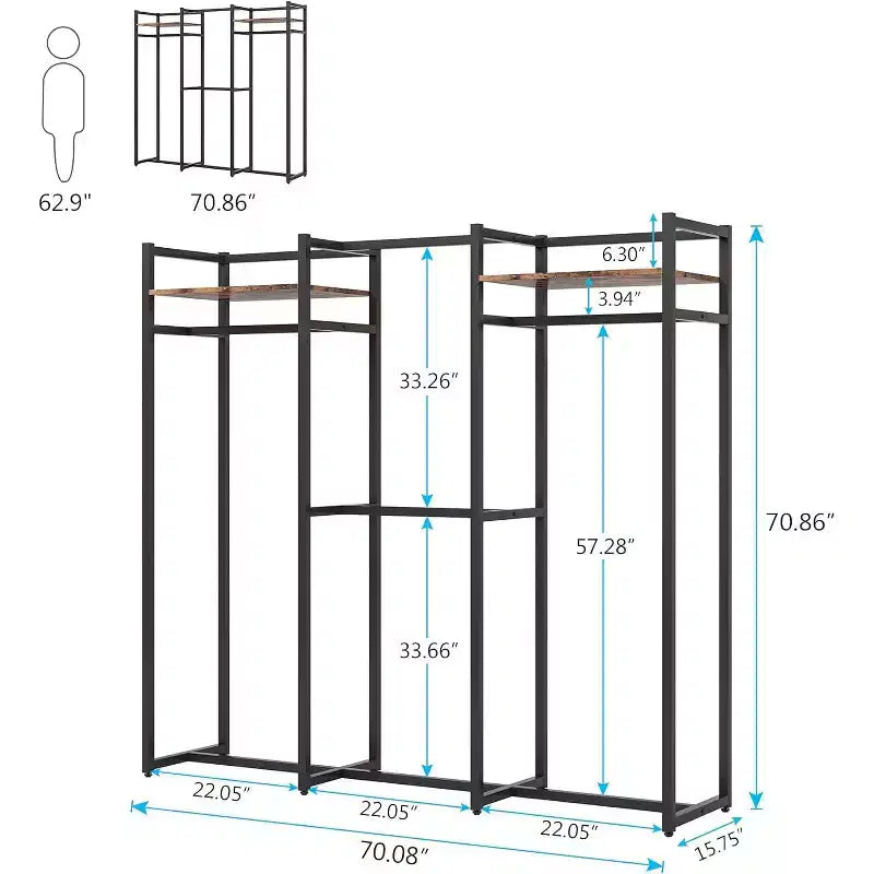 Portant à vêtements Lantine robuste avec étagères et tringle de suspension, organisateur de placard autoportant pour couloir, chambre, noir foncé, charge maximale 227 kg
