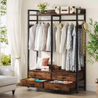 Lantine Closet Organizer Garment Rack with 4 Drawers and Hooks for Bedroom, Living Room, Rustic Brown