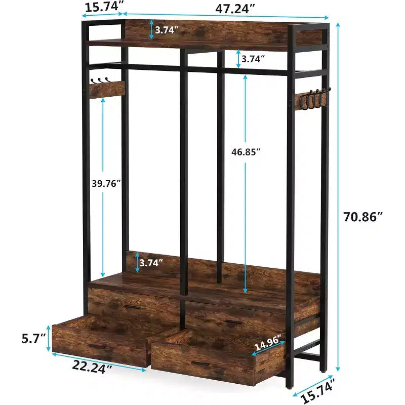 Lantine Dressing Portant à Vêtements avec 4 Tiroirs et Crochets pour Chambre, Salon, Marron Rustique