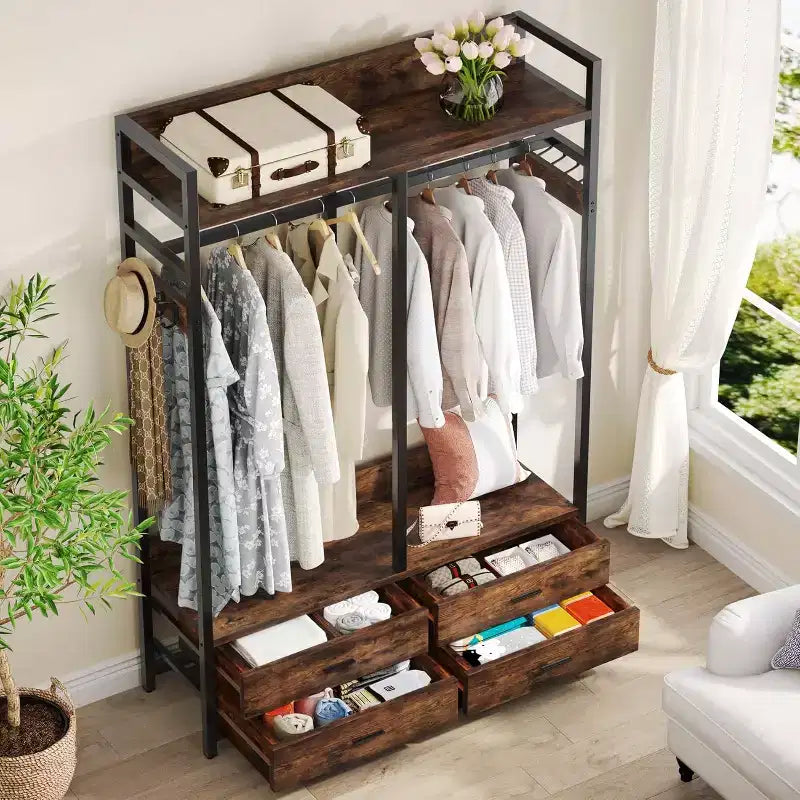 Lantine Dressing Portant à Vêtements avec 4 Tiroirs et Crochets pour Chambre, Salon, Marron Rustique