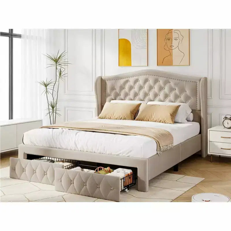 Cadre de lit Dyonery Queen Size, lit plateforme rembourré en velours - Tête de lit à oreilles de 133,6 cm de haut et touffetée verticalement, 2 tiroirs de rangement, pas besoin de sommier tapissier