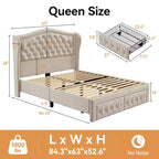 Cadre de lit Dyonery Queen Size, lit plateforme rembourré en velours - Tête de lit à oreilles de 133,6 cm de haut et touffetée verticalement, 2 tiroirs de rangement, pas besoin de sommier tapissier