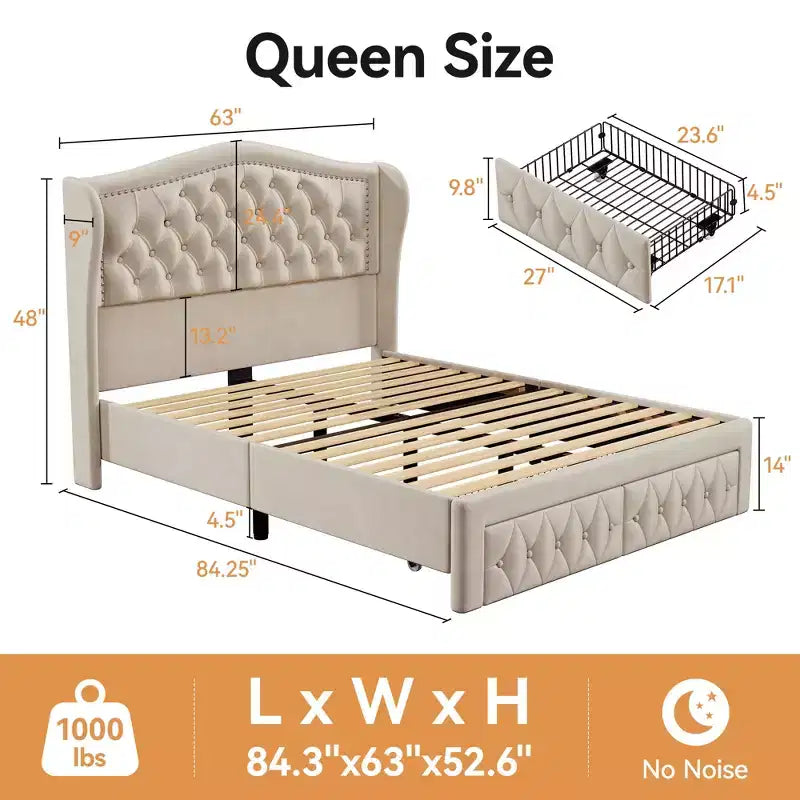 Cadre de lit Dyonery Queen Size, lit plateforme rembourré en velours - Tête de lit à oreilles de 133,6 cm de haut et touffetée verticalement, 2 tiroirs de rangement, pas besoin de sommier tapissier