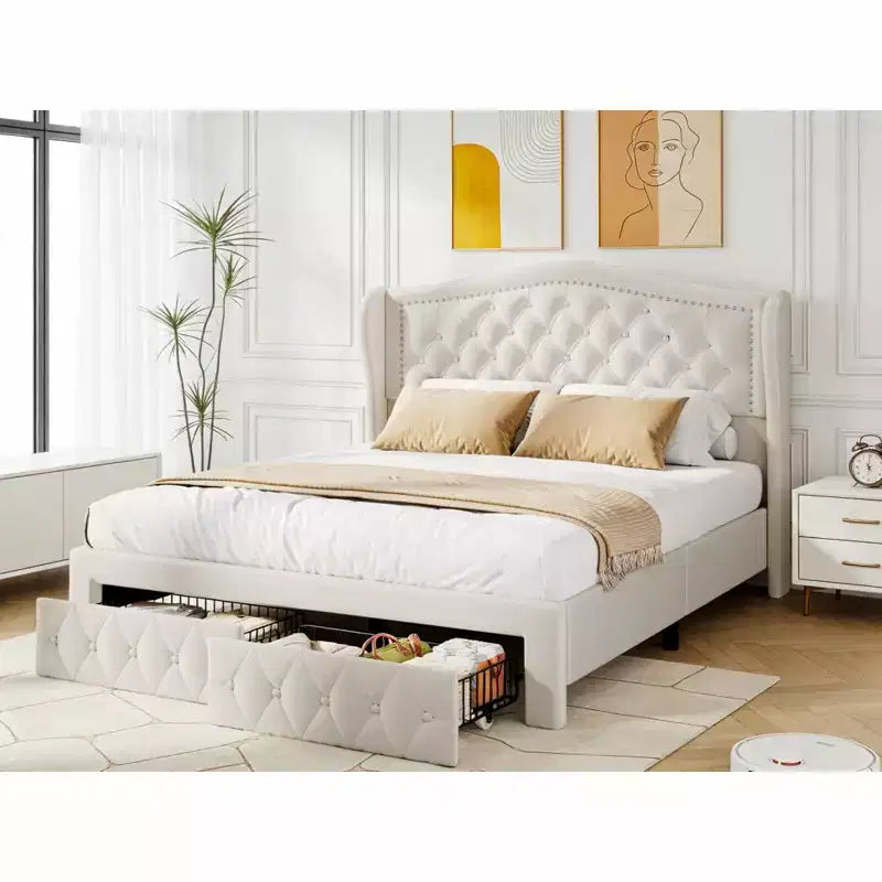 Cadre de lit Dyonery Queen Size, lit plateforme rembourré en velours - Tête de lit à oreilles de 133,6 cm de haut et touffetée verticalement, 2 tiroirs de rangement, pas besoin de sommier tapissier