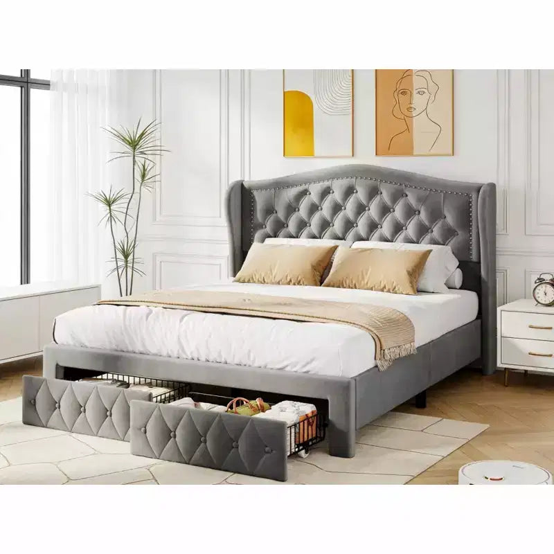 Cadre de lit Dyonery Queen Size, lit plateforme rembourré en velours - Tête de lit à oreilles de 133,6 cm de haut et touffetée verticalement, 2 tiroirs de rangement, pas besoin de sommier tapissier