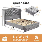 Cadre de lit Dyonery Queen Size, lit plateforme rembourré en velours - Tête de lit à oreilles de 133,6 cm de haut et touffetée verticalement, 2 tiroirs de rangement, pas besoin de sommier tapissier