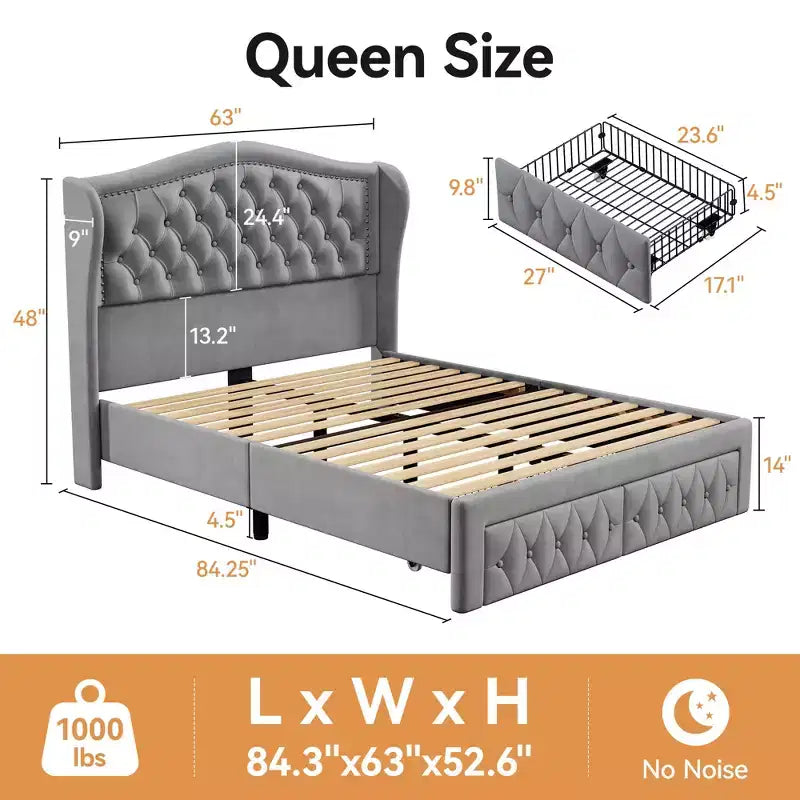 Cadre de lit Dyonery Queen Size, lit plateforme rembourré en velours - Tête de lit à oreilles de 133,6 cm de haut et touffetée verticalement, 2 tiroirs de rangement, pas besoin de sommier tapissier
