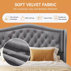 Cadre de lit Dyonery Queen Size, lit plateforme rembourré en velours - Tête de lit à oreilles de 133,6 cm de haut et touffetée verticalement, 2 tiroirs de rangement, pas besoin de sommier tapissier