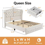 Cadre de lit Dyonery Queen Size, lit plateforme rembourré en velours - Tête de lit à oreilles de 133,6 cm de haut et touffetée verticalement, 2 tiroirs de rangement, pas besoin de sommier tapissier