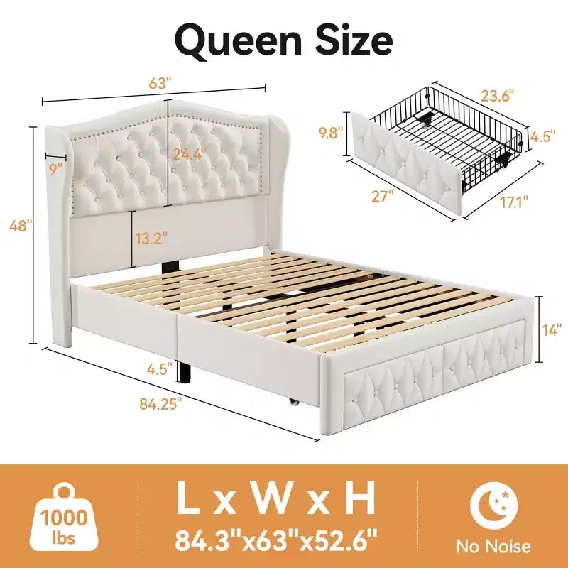 Cadre de lit Dyonery Queen Size, lit plateforme rembourré en velours - Tête de lit à oreilles de 133,6 cm de haut et touffetée verticalement, 2 tiroirs de rangement, pas besoin de sommier tapissier