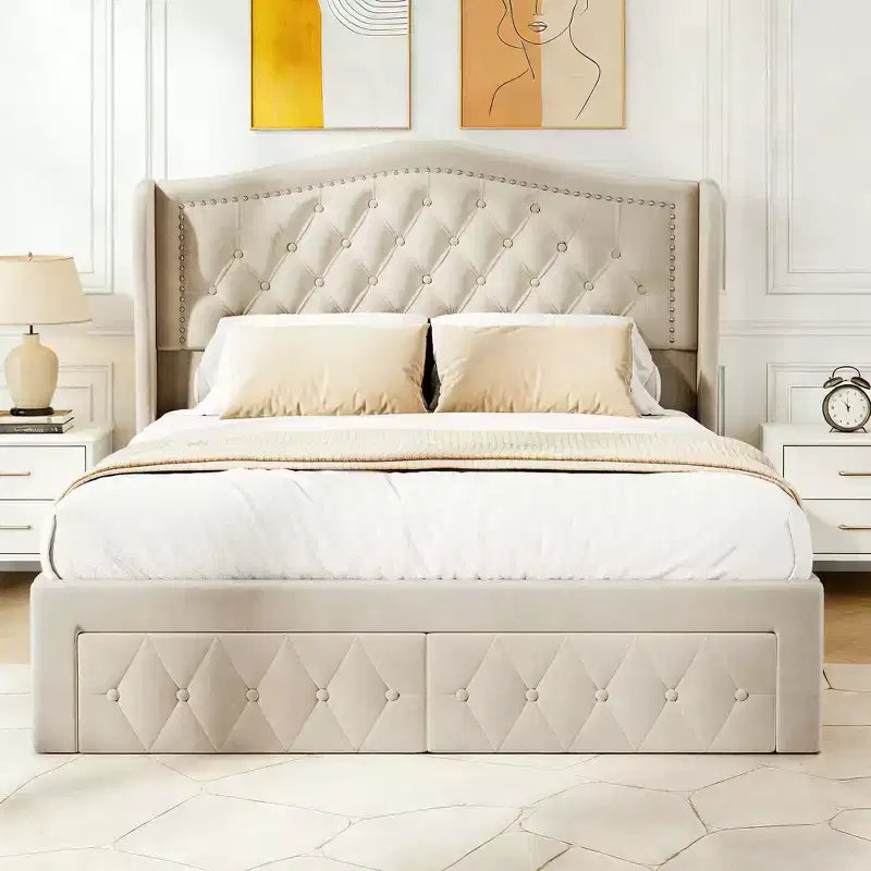 Cadre de lit Dyonery Queen Size, lit plateforme rembourré en velours - Tête de lit à oreilles de 133,6 cm de haut et touffetée verticalement, 2 tiroirs de rangement, pas besoin de sommier tapissier