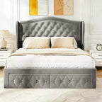 Cadre de lit Dyonery Queen Size, lit plateforme rembourré en velours - Tête de lit à oreilles de 133,6 cm de haut et touffetée verticalement, 2 tiroirs de rangement, pas besoin de sommier tapissier