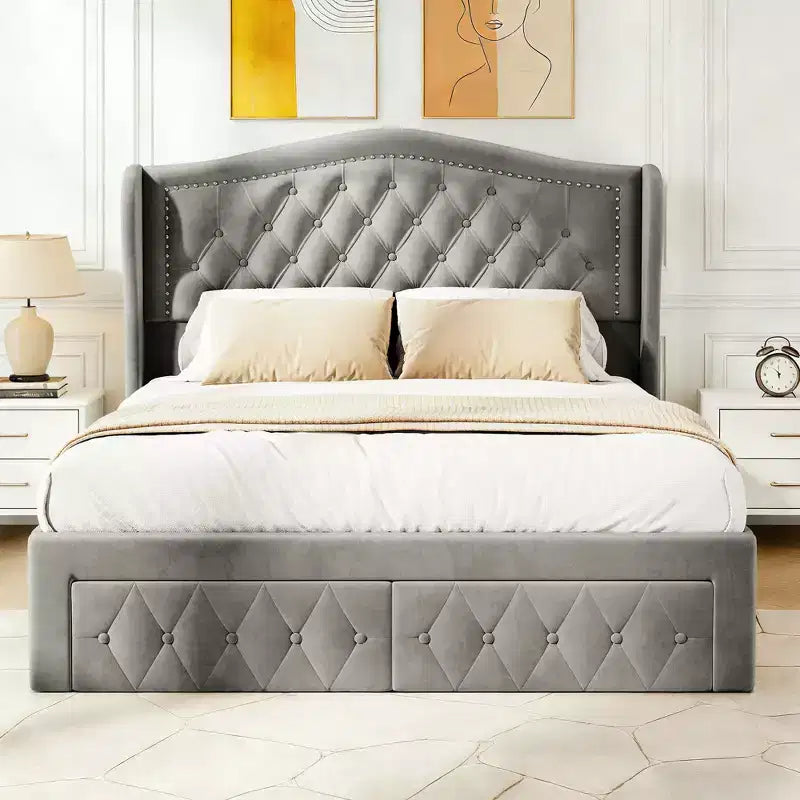 Cadre de lit Dyonery Queen Size, lit plateforme rembourré en velours - Tête de lit à oreilles de 133,6 cm de haut et touffetée verticalement, 2 tiroirs de rangement, pas besoin de sommier tapissier