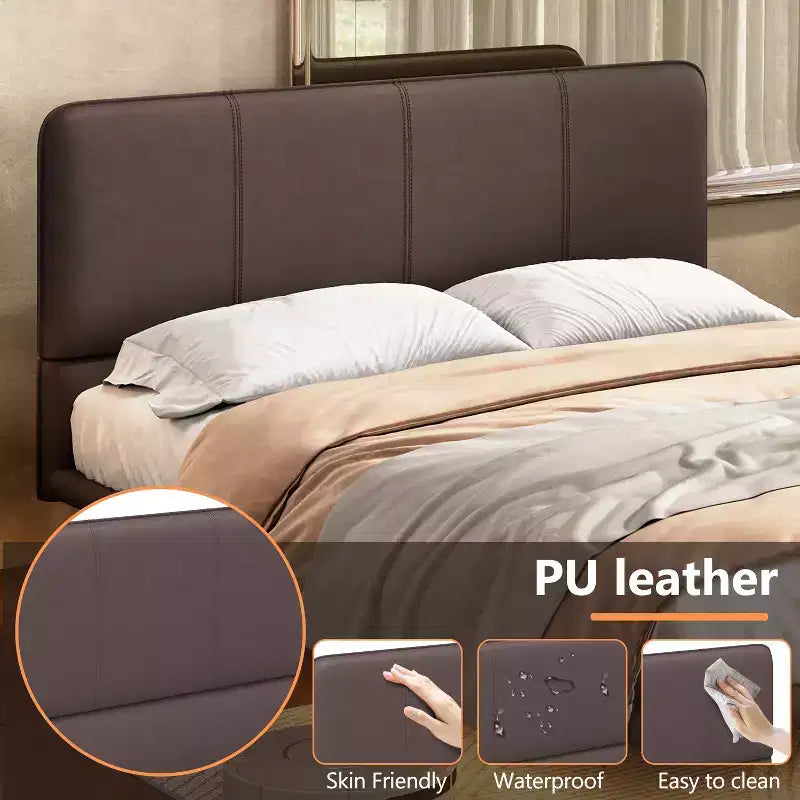 Cadre de lit flottant Queen Size avec lumières LED, sommier tapissier moderne en cuir PU pour chambre à coucher